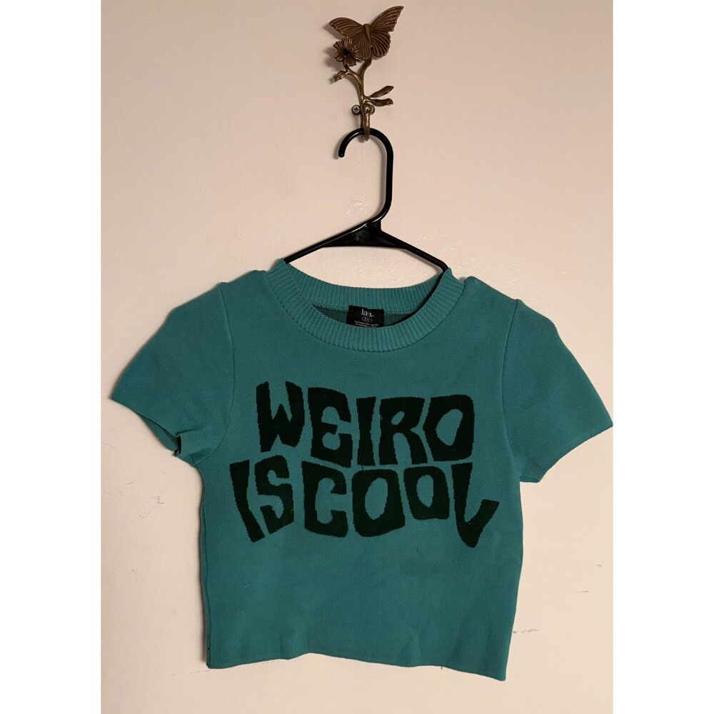 Dressed in Lala Teal Green WEIRD IS COOL Knit Cropped Top Sweater SM